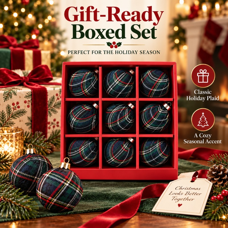 Gift Box Wrap Set - 9개입, 8cm 크기의 천으로 감싼 체크무늬