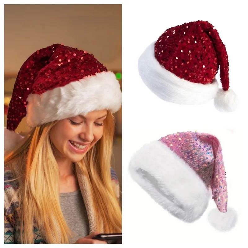 이중 레이어 스팽글 크리스마스 모자, 긴 솜털 폼폼이  - Santa Hat Plush 리뷰 및 가격